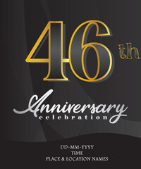 46th Anniversary Invitation and Greeting Card Design, Golden and Silver Coloured, Elegant Design, Isolated on Black Background. Vector illustration.