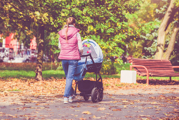 Mother wheeling a pram in the Park
