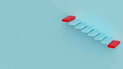 Blue stairs leading to red top step under sky blue background. Concept 3D CG of success process, cramming for exams and road to wealth.