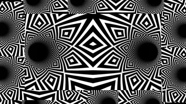 Flying in a tunnel with glowing shapes. Infinitely looped animation.