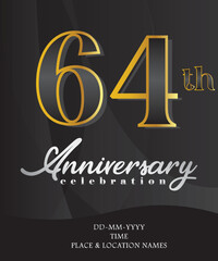 64th Anniversary Invitation and Greeting Card Design, Golden and Silver Coloured, Elegant Design, Isolated on Black Background. Vector illustration.