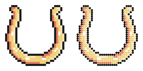 Pixel icon. Metal horseshoe for horse. Symbol of good luck and happiness in culture. Simple retro game vector isolated on white background