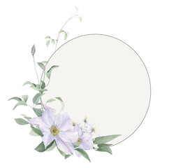 A round floral frame with white clematis, buds and leaves hand drawn in watercolor isolated on a white and light green background. Watercolor illustration.