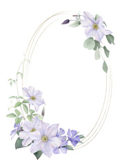 An oval golden frame with white clematis, buds, leaves and very peri flowers hand drawn in watercolor isolated on a white background. Watercolor illustration.