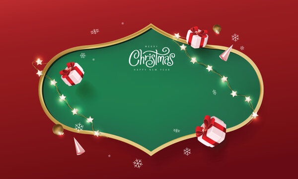 Merry Christmas sign banner frame with empty space and festive decoration on red background