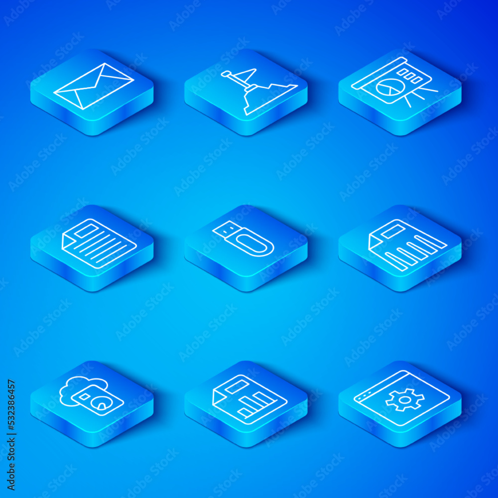 Poster set line cloud database, usb flash drive, document with graph chart, paper shredder, board, file doc