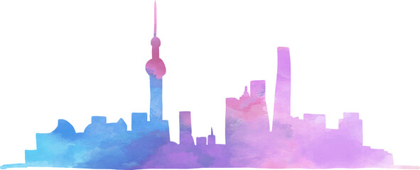 shanghai cityscape skyline colorful watercolor style illustration.