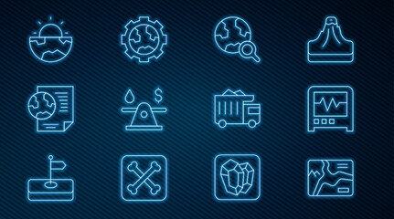 Set line Topographic map, Seismograph, Magnifying glass with globe, Oil money, Earth document, core structure crust, Mining dump truck and Gear wheels and earth icon. Vector