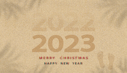 Merry Christmas,Happy New Year 2023 on Sandy Beach Texture background with Palm leaf shadow and Footprints,Vector illustration Backdrop Brown Beach sand dune with barefoot for New Year banner