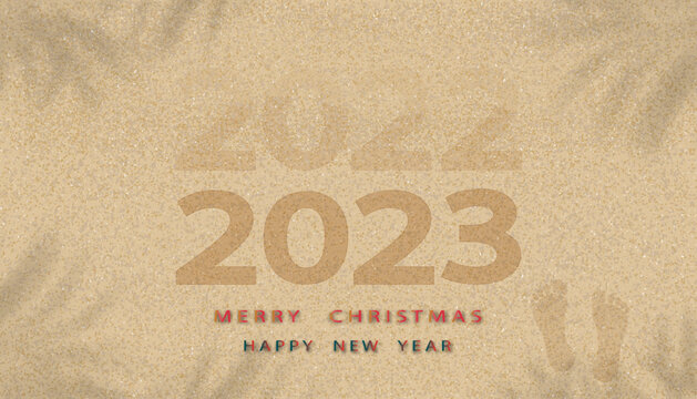 Merry Christmas,Happy New Year 2023 on Sandy Beach Texture background with Palm leaf shadow and Footprints,Vector illustration Backdrop Brown Beach sand dune with barefoot for New Year banner
