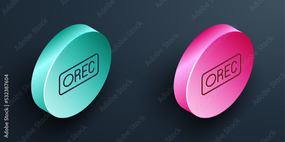 Poster isometric line record button icon isolated on black background. rec button. turquoise and pink circl