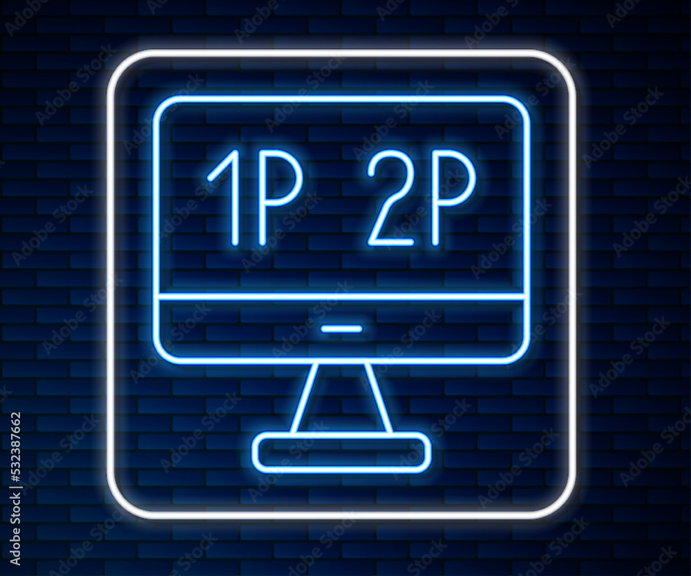 Poster glowing neon line computer monitor screen icon isolated on brick wall background. electronic device.