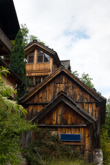 Hallstatt wood hillside houses closeup Upper Austria