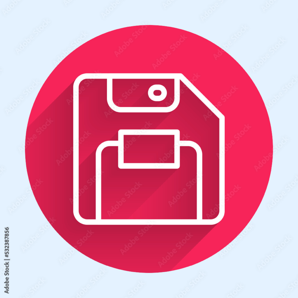 Poster white line floppy disk for computer data storage icon isolated with long shadow background. diskette