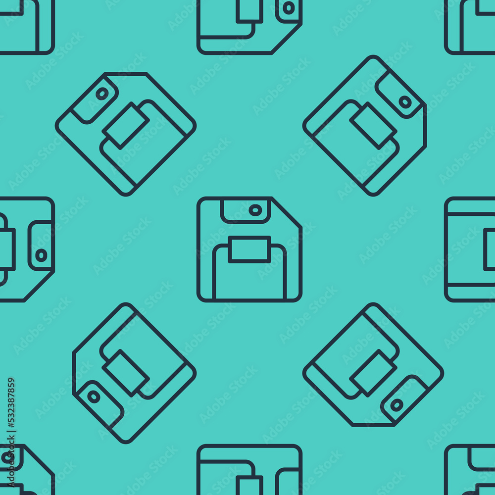 Poster black line floppy disk for computer data storage icon isolated seamless pattern on green background.