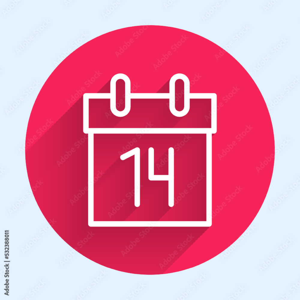 Poster white line calendar icon isolated with long shadow background. event reminder symbol. red circle but