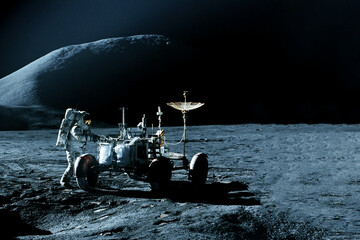 A lunar rover on the surface of the Moon. Elements of this image furnished by NASA - obrazy, fototapety, plakaty