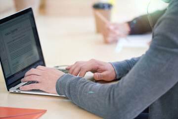 Hands, laptop and businessman with digital contract for sales company, marketing startup or...