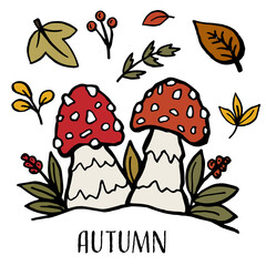 Hello Autumn. Autumn harvest symbols. Set of autumn elements leaves, berries and mushroom. Hand drawn, sketch. Vector illustration in doodle style.