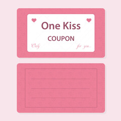 Pink coupon for one kiss, bipartite with lines for text. With hearts and text for you.