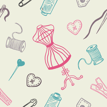 Cute cartoon Sewing tools seamless pattern. Zipper, needle and thread for fabric, textile