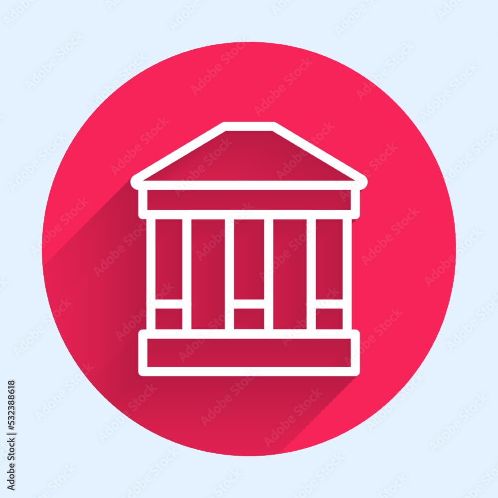 Poster white line museum building icon isolated with long shadow background. red circle button. vector