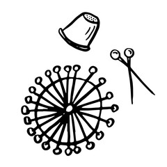 collection of pins, sewing tools on white background. Doodle style
