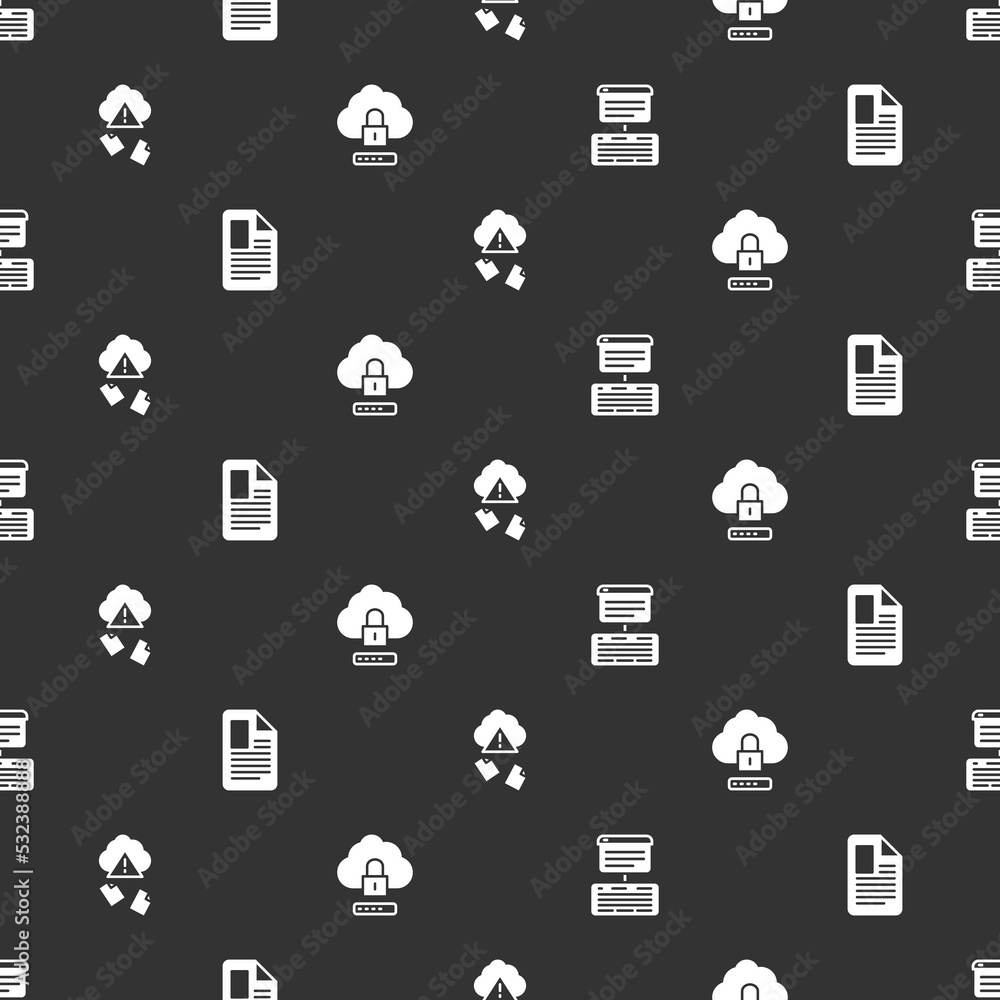 Poster Set Server, Data, Web Hosting, File document, Cloud hacking and computing lock on seamless pattern. Vector