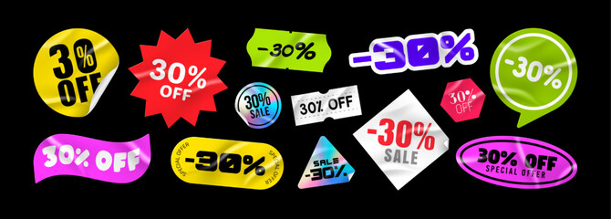 Sticker pack. Price stickers. Sale -30 off. Peeled Paper Stickers. Price Tag. Isolated on black background
