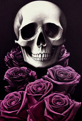 A human skull resting atop purple roses against a black background. Digital art in the style of a traditional painting. Macabre and gothic piece.