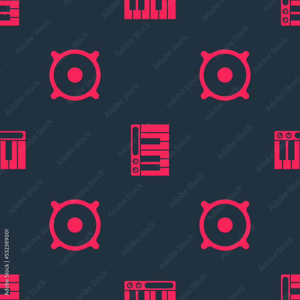 Poster set stereo speaker and music synthesizer on seamless pattern. vector