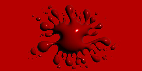 Banner for Halloween with blood splash. 3d blood spot. Three dimensional Red liquid paint that flows