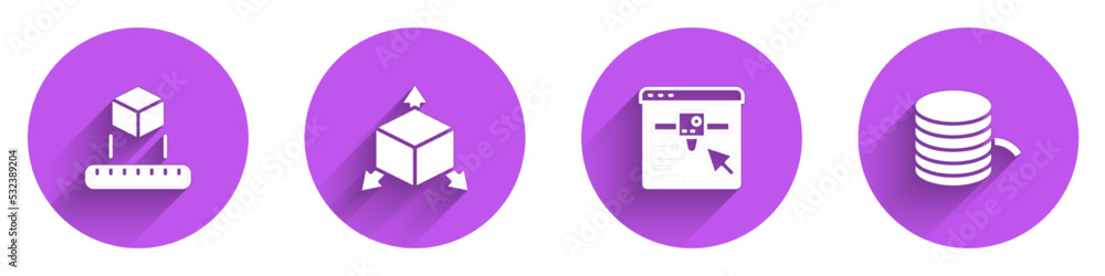 Poster set isometric cube, , 3d printer setting and filament for icon with long shadow. vector