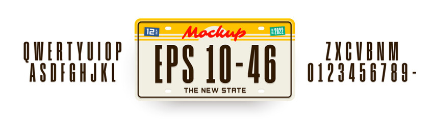 License plate constructor. License car plates. Embossed latin alphabet, aluminum nameplates with squeezed out abstract numbers and letters, tags and frames template. Auto registration vector element