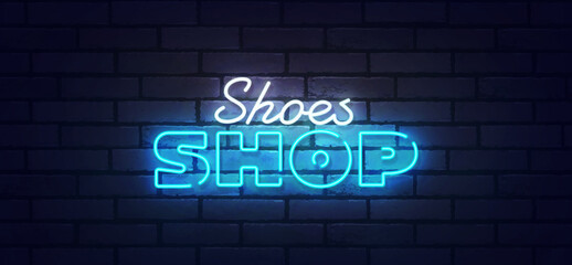 Shoes shop neon sign, bright signboard, light banner. Shoe bag label neon, emblem. Vector illustration