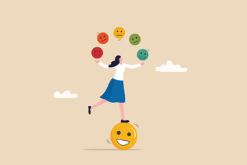 Emotional intelligence, control feeling or emotion, psychology to be success or balance of anxiety and happiness concept, cheerful woman balance on smiling face juggling expression emotional faces. - obrazy, fototapety, plakaty