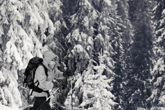 Hiker makes his way on snowy slope in snow-covered forest at winter day.Black and white.