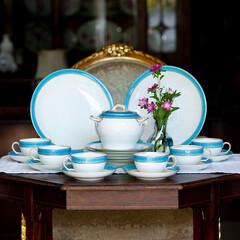 Antique British blue porcelain tea set. wedding table setting is richly decorated in luxurious interior. porcelain vintage service