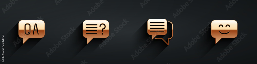 Poster set question and answer, unknown search, speech bubble chat and smile face icon with long shadow. ve