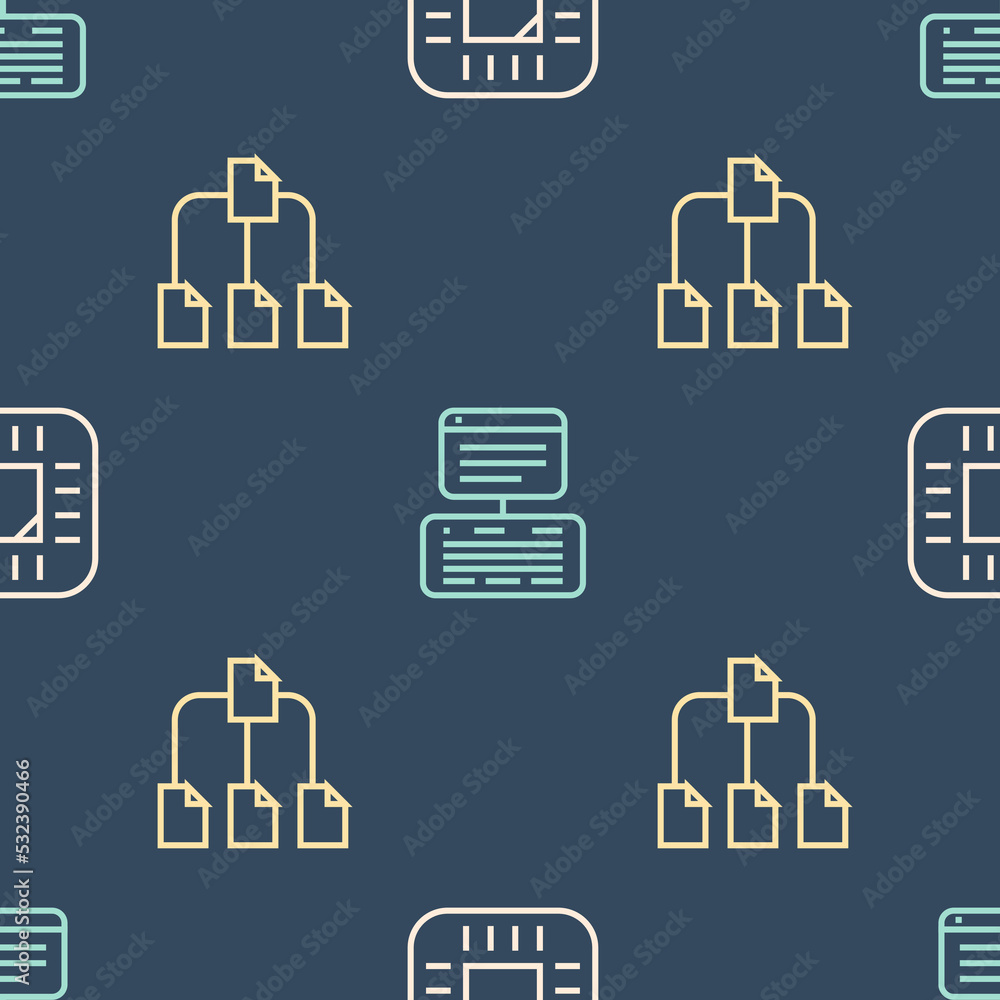 Aufkleber set line processor with cpu, folder tree and server, data, web hosting on seamless pattern. vector