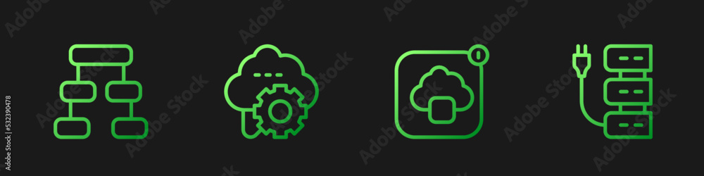 Poster set line cloud technology data transfer, hierarchy organogram chart, and server. gradient color icon