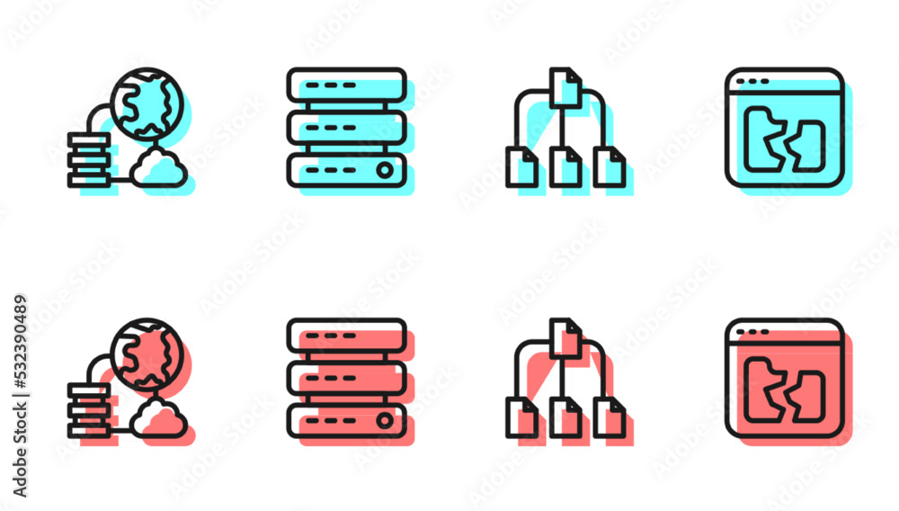 Aufkleber set line folder tree, network cloud connection, server, data, web hosting and broken file icon. vect
