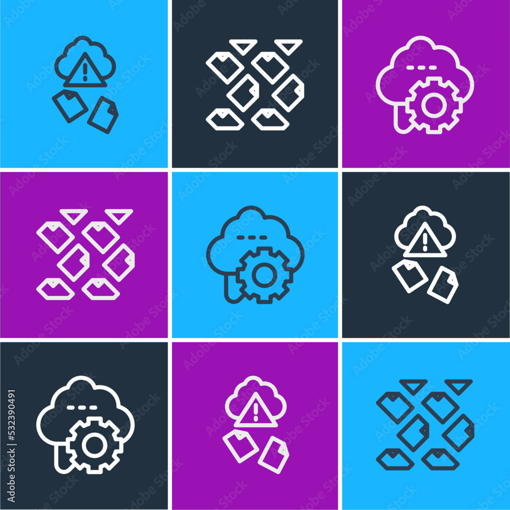 Poster set line cloud hacking, technology data transfer and data stream icon. vector