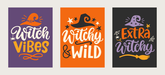 Witch Vibes, Witchy and Wild. Set of Halloween Hand Drawn Cute Lettering phrases