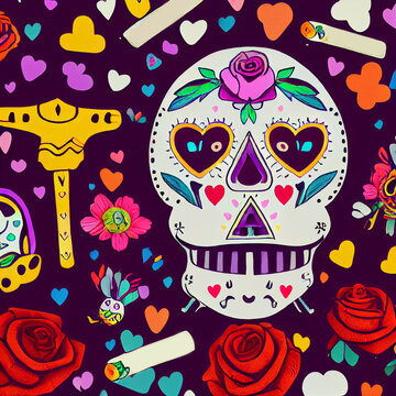 pattern background skull and flowers in bright decorative pattern in traditional mexican day of the dead.