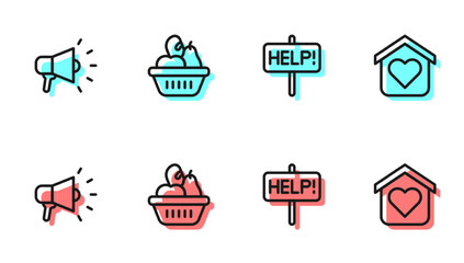 Set line Help sign, Megaphone, Donation food box and Shelter for homeless icon. Vector