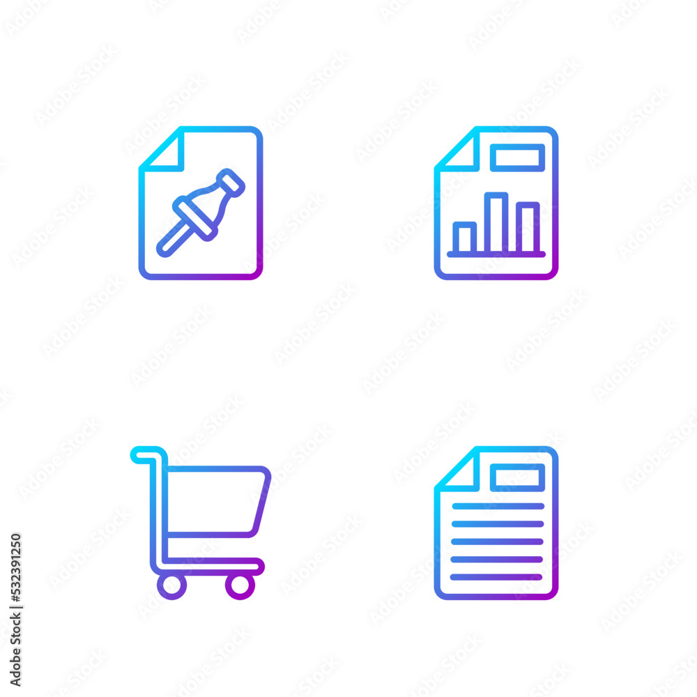 Poster set line file document, shopping cart, note paper with push button and document graph chart. gradien