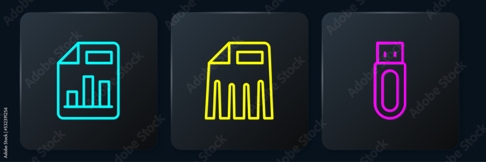 Poster set line document with graph chart, usb flash drive and paper shredder. black square button. vector