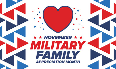 National Military Family Month in United States. Celebrate annual in November. Thank you for military family. Patriotic american elements. Poster, card, banner, background. Vector illustration