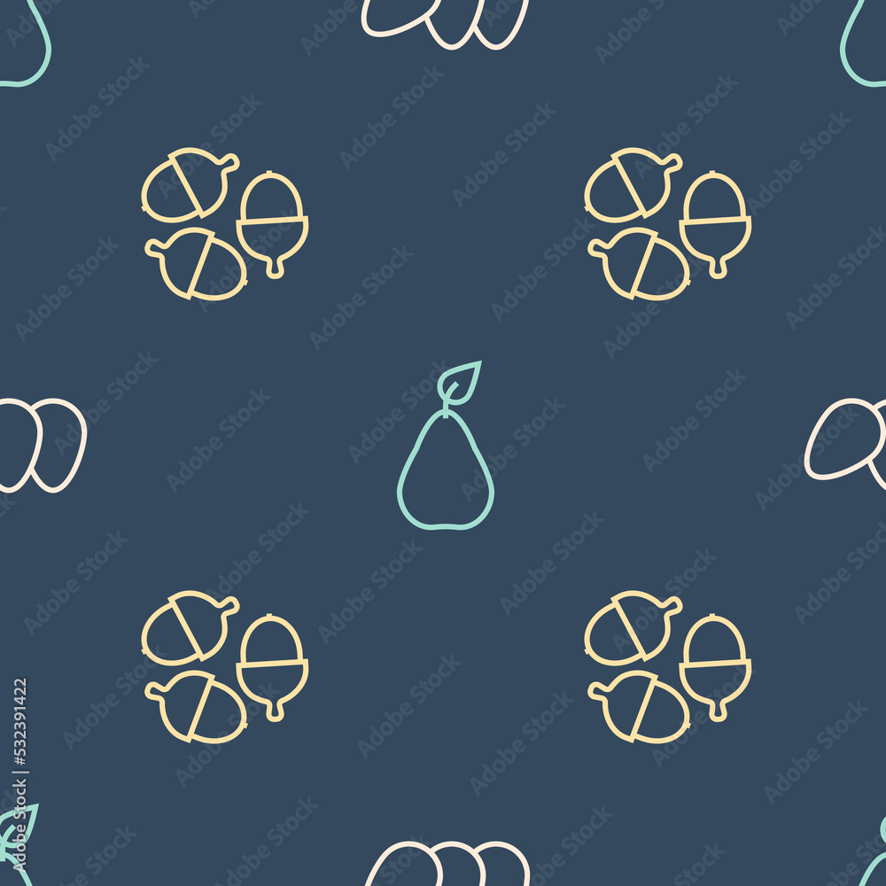 Poster set line chicken egg, acorn and pear on seamless pattern. vector